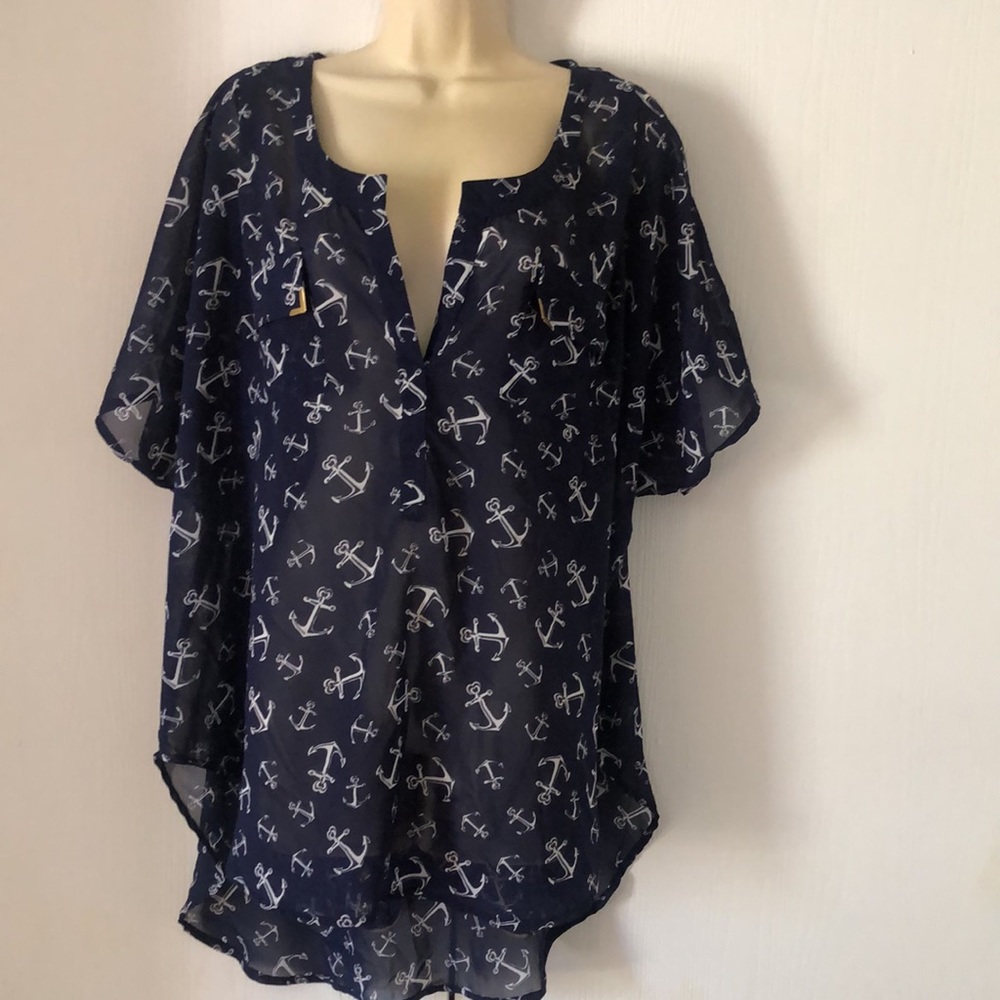 Woman’s spring blue & white peasant truth anchor blouse - Picture 10 of 11